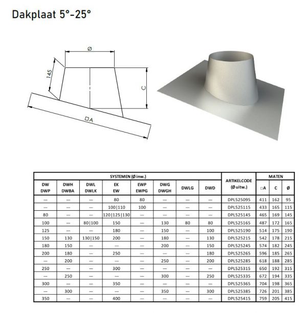 DW ø 200mm dakplaat 5º- 25º 265mm - Afbeelding 2