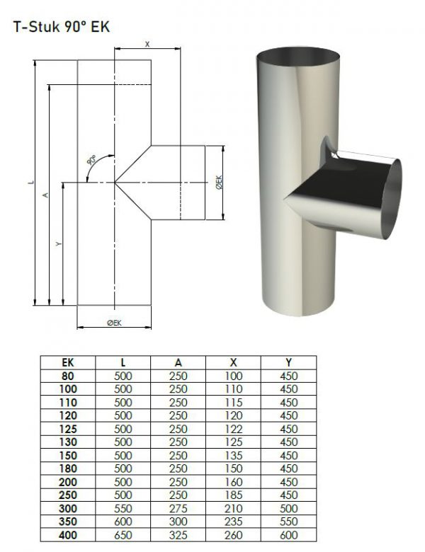 EK ø 250mm T-stuk 90º + deksel - Afbeelding 2